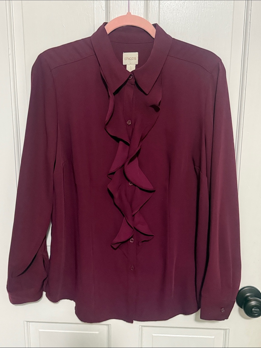 Chico's Deep Plum Ruffle Front Blouse